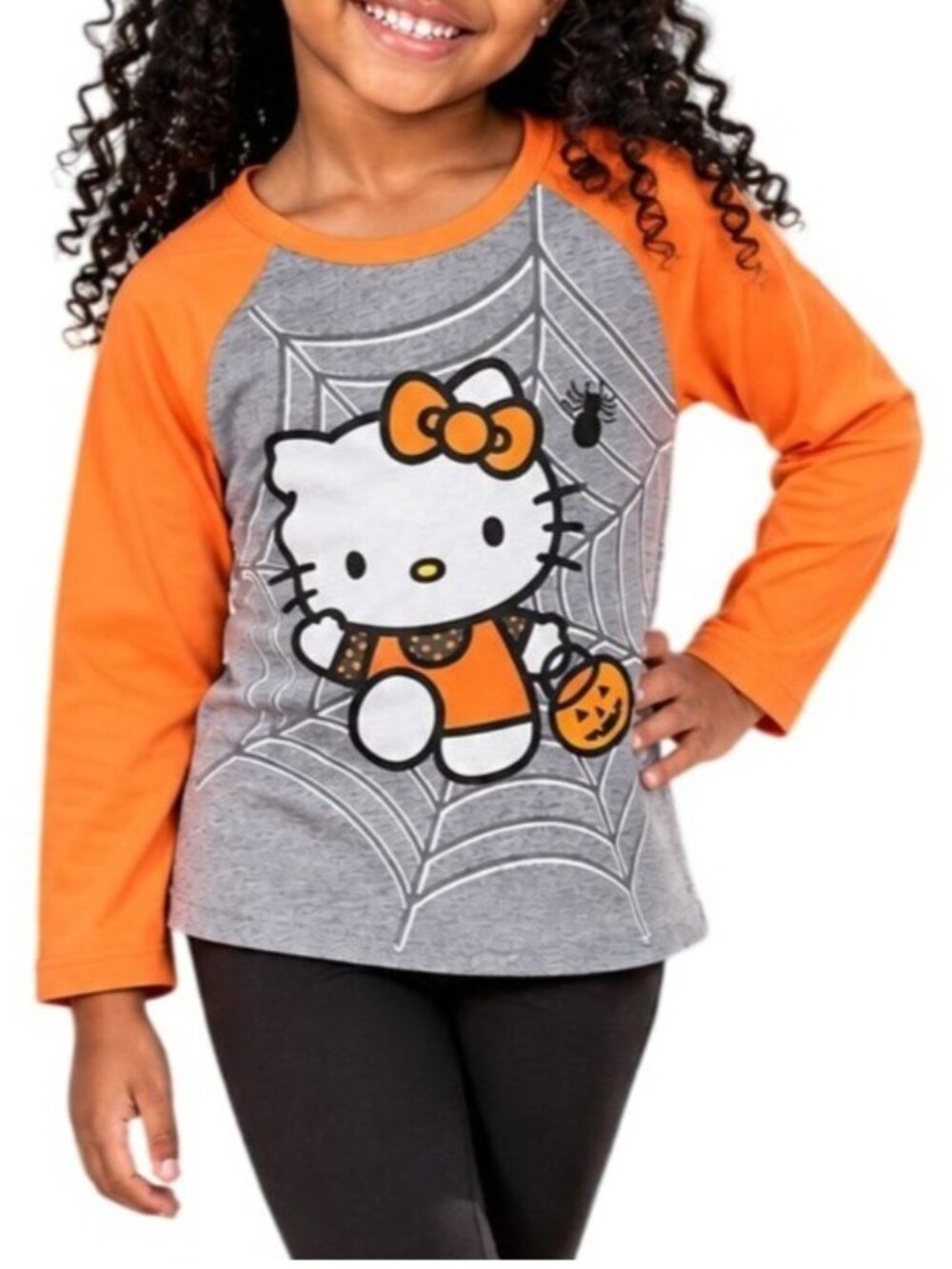 Hello Kitty Girls Size XS (4/5) Top Halloween Gray Orange Raglan Spooky Vibes